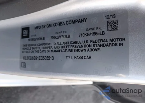 2014 Chevrolet Spark 1Lt Auto from USA, damaged, VIN KL8CD6S91EC505513